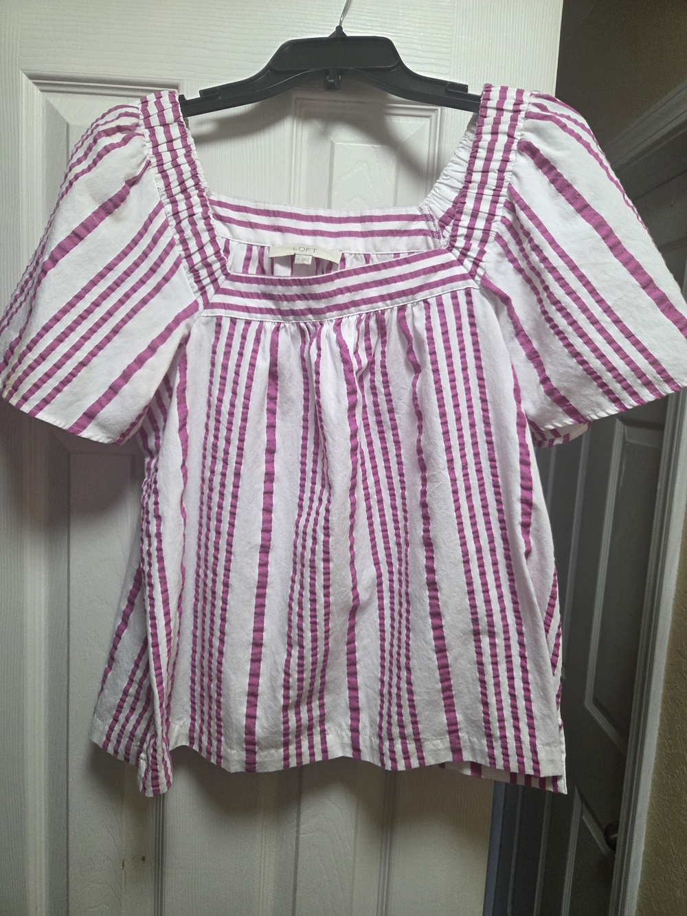 LOFT White Blouse with Fuchsia Stripes